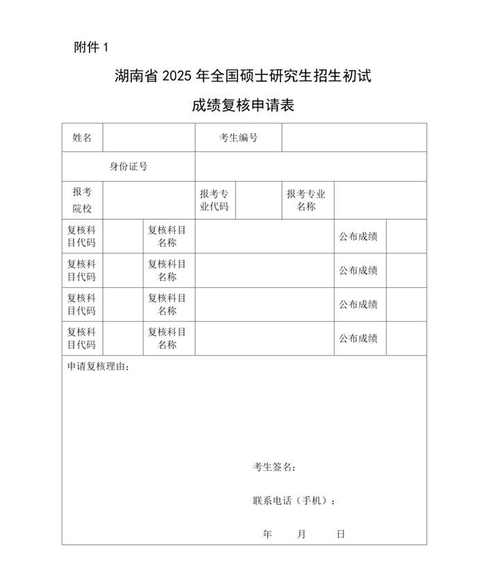 湖南省2025年全国硕士研究生招生初试成绩复核申请表